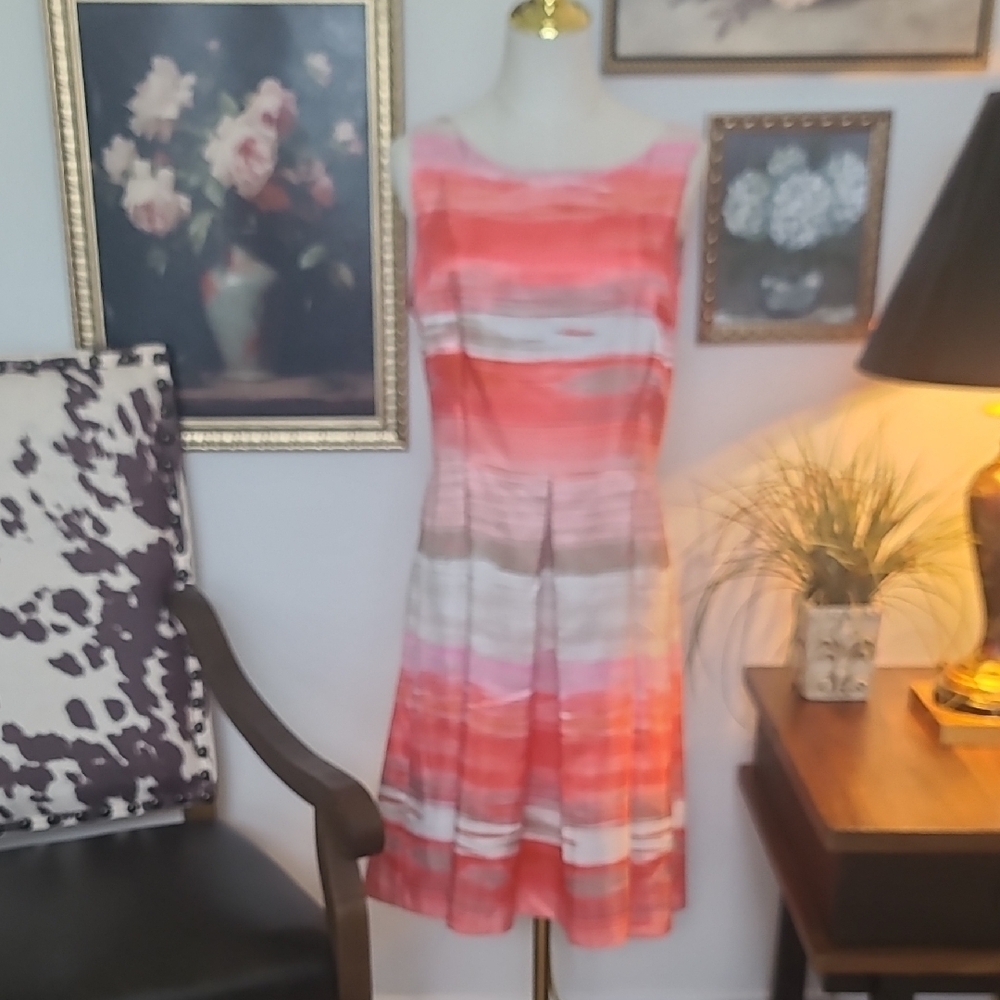 Studio One Coral and Pink Striped Midi Dress